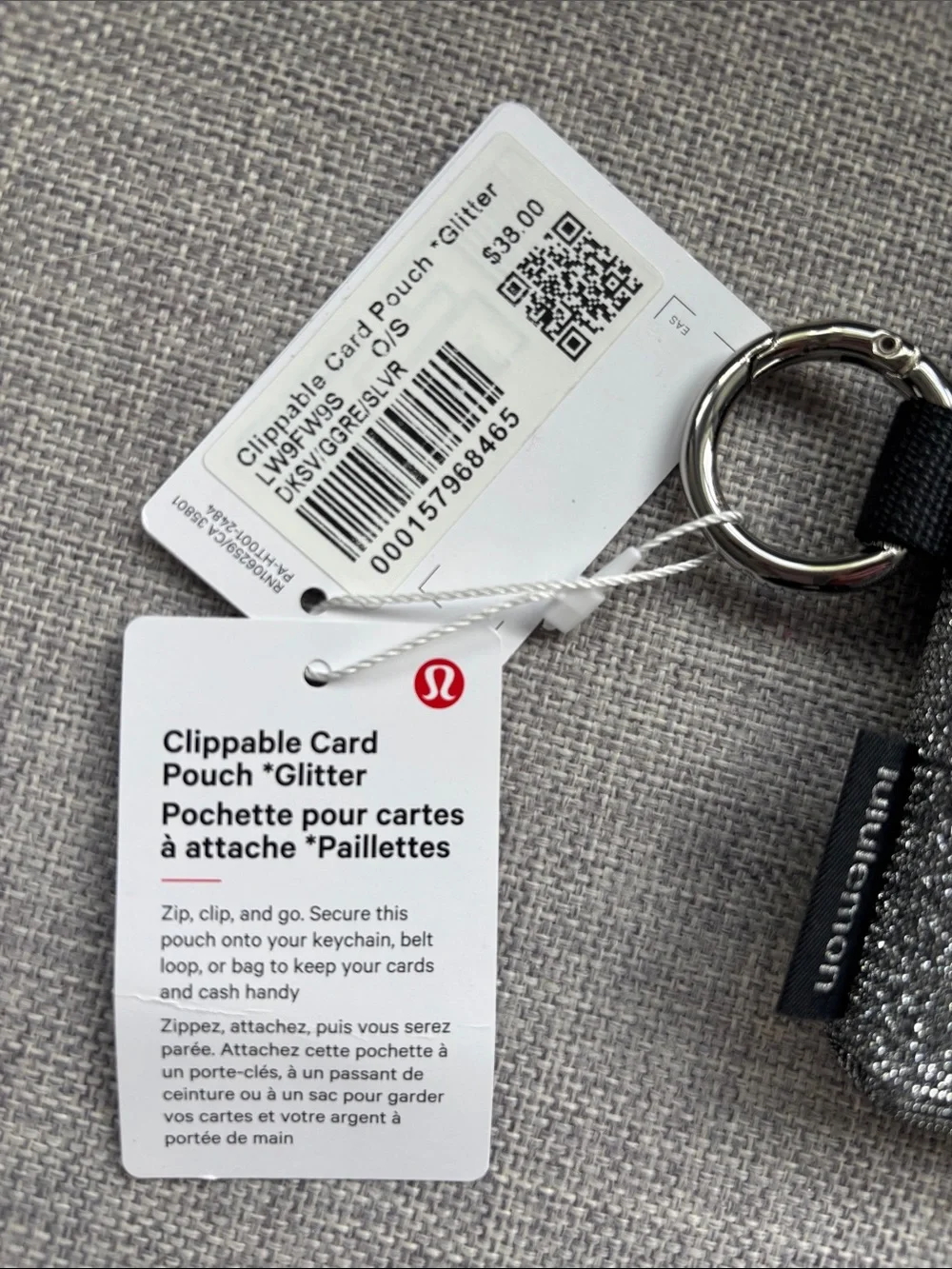 Lululemon Clipable Card Pouch, Glitter Dark Silver/Graphite Grey NWT